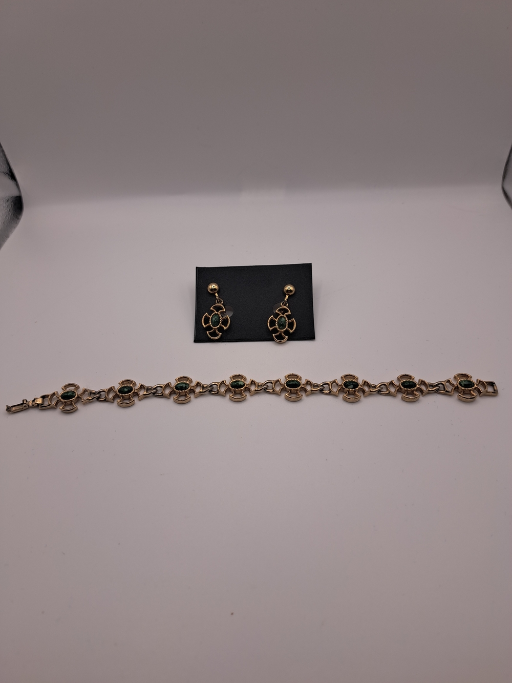 Avon Gold-Tone Bracelet and Earring Set with Green Accents